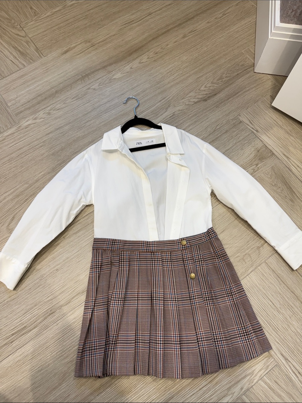 Zara White Shirt with Brown Pink Plaid Pleated Skirt
